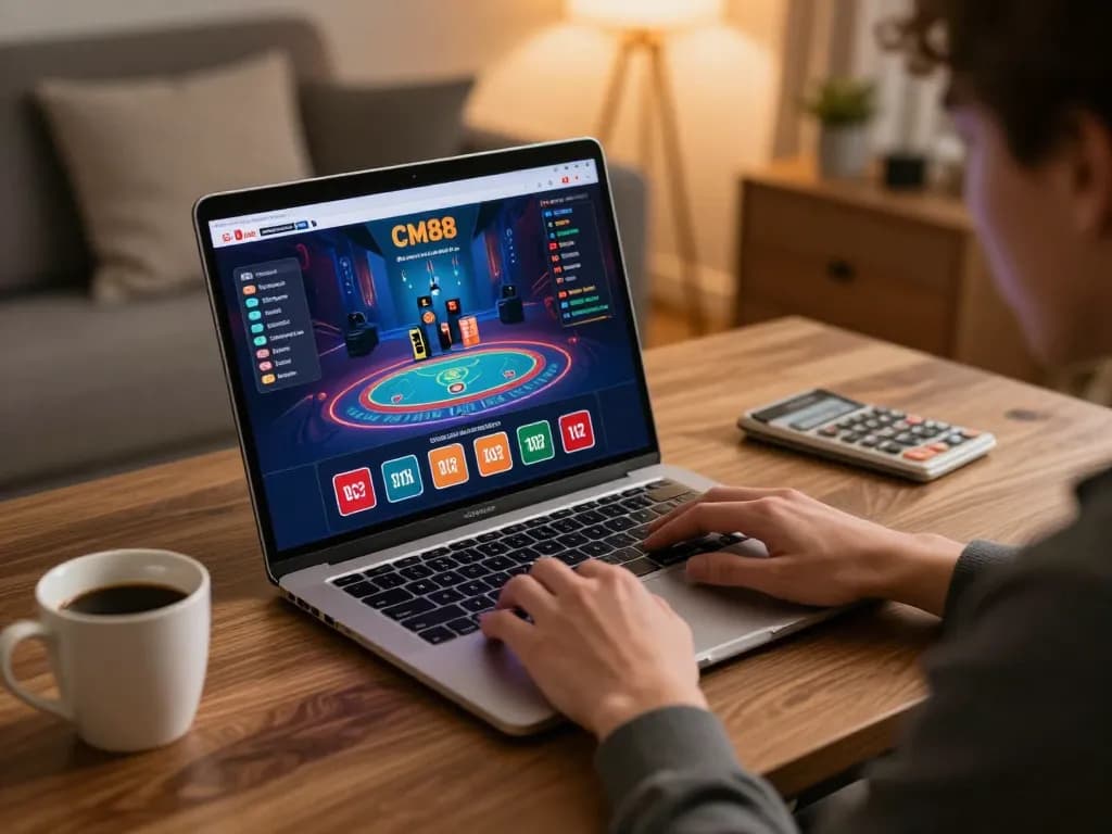 CM88 player engaged in strategic betting at home on a laptop, warm ambiance.