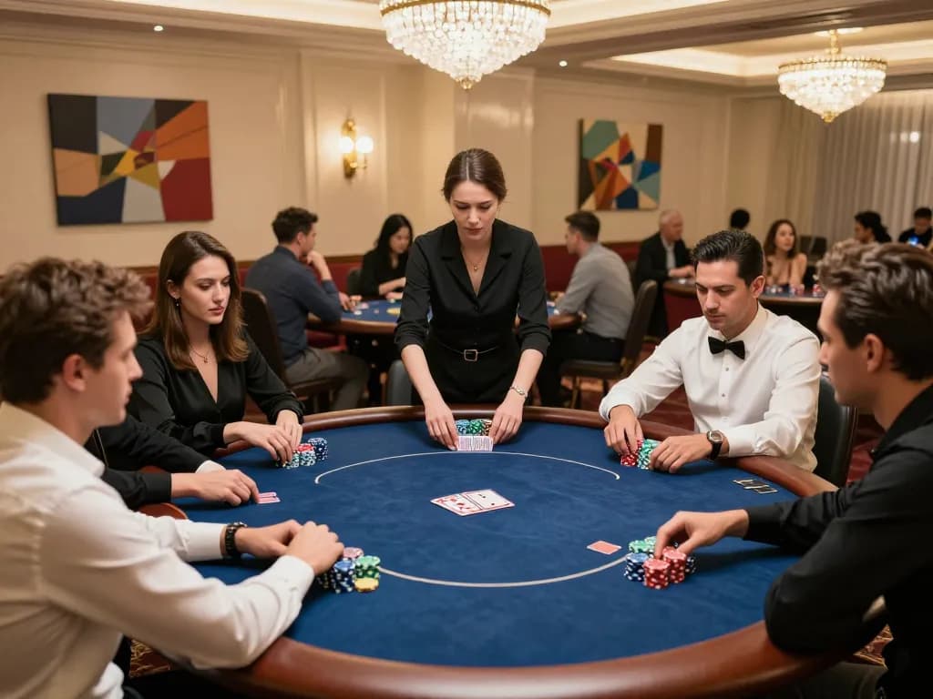 Playing poker at iwin club's luxurious table with colorful chips and serious players.
