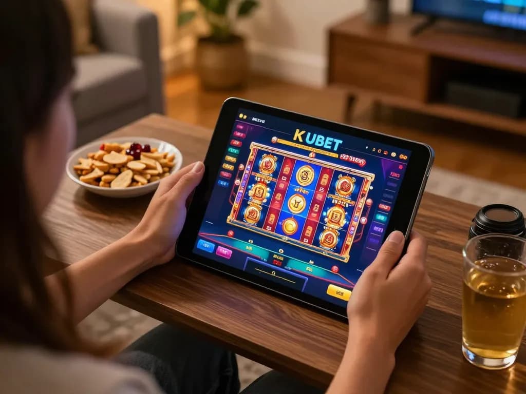KUBET online gaming experience with a person playing on a tablet in a cozy home setting