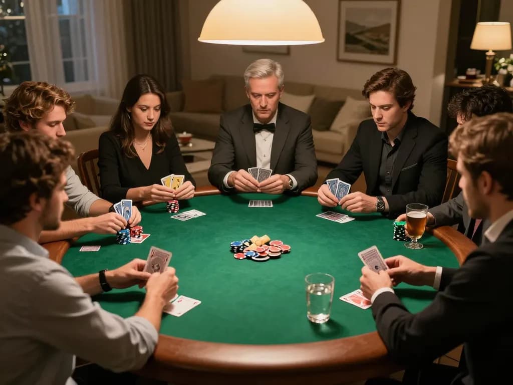 DABET players immersed in intense poker game at home with warm ambiance, showcasing strategic gameplay.