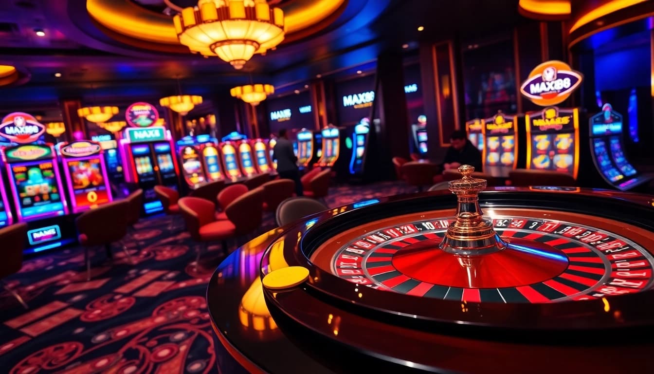 MAX88 casino excitement with roulette, poker chips, and a vibrant atmosphere.