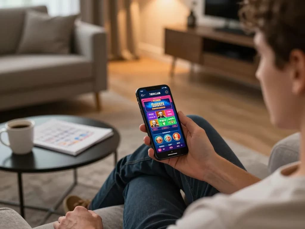 Player enjoying the 789CLUB mobile app, immersed in online gaming action at home