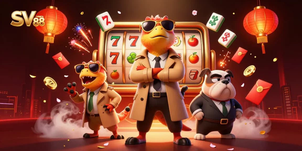Revel in SV 88's vibrant casino scene with raptors and a bulldog in a comical VIP entrance.
