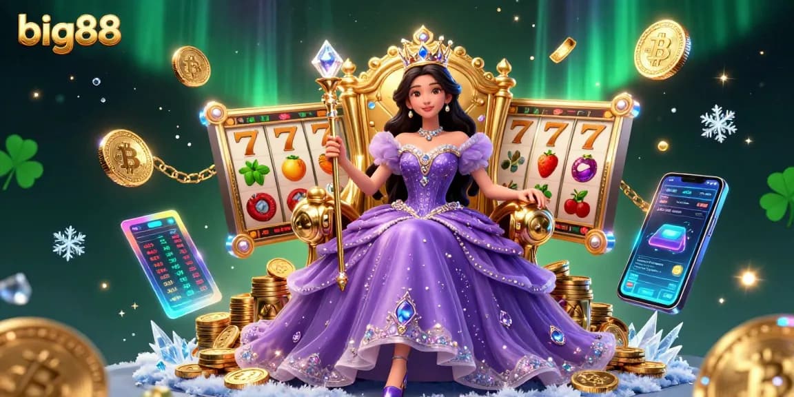 Experience big88 wins with this vibrant, regal casino illustration featuring slot elements and crypto symbols.