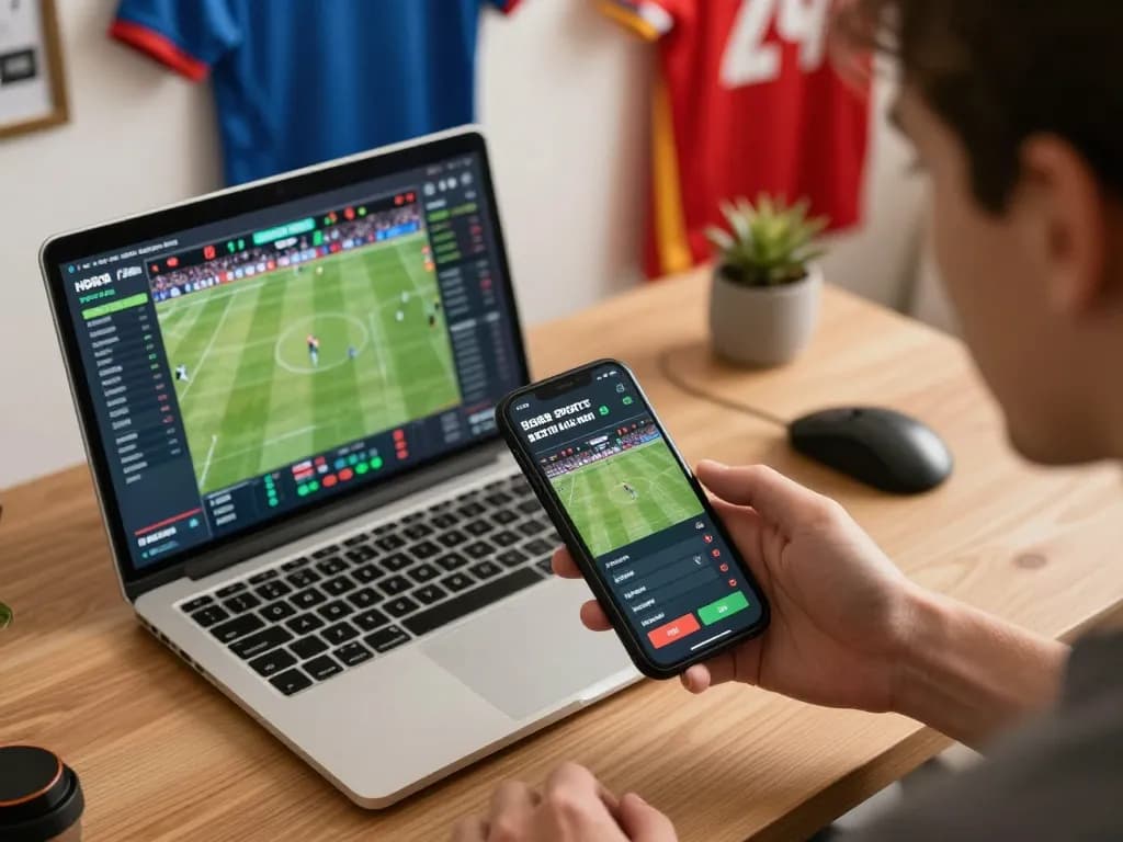 Engaging user placing bets on HD88 sports betting app on smartphone in a home office.