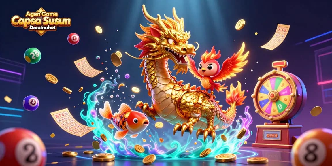 Agen Game Capsa Susun Online Dominobet showcases a vibrant card game scene with a golden dragon and colorful lottery elements.