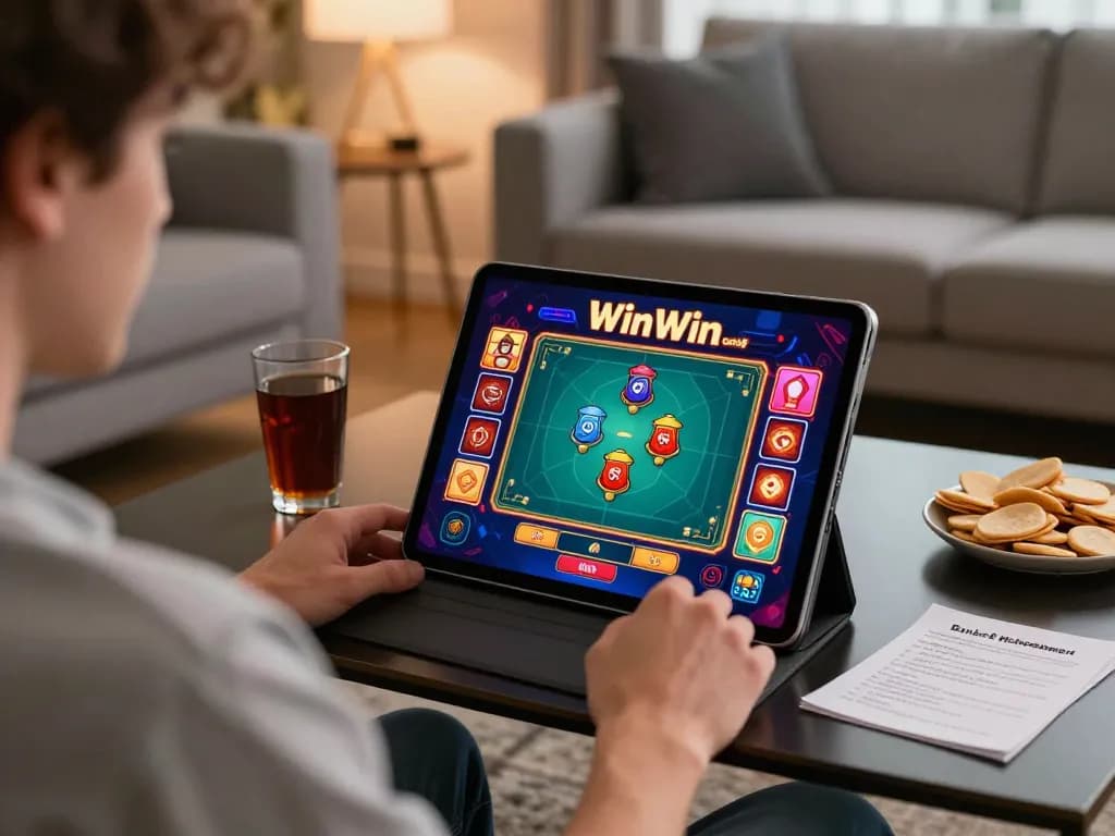 Engaging online gaming moment showing a player enjoying WinWin casino on a tablet in a cozy home setting.