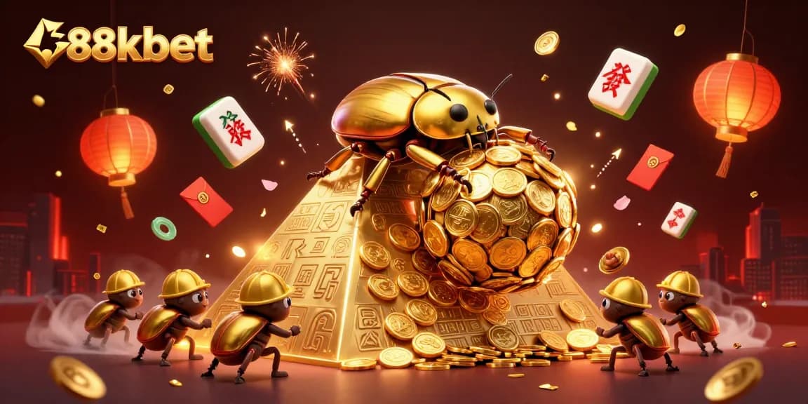 Experience fun with 88kbet as a golden beetle rolls coins up a casino pyramid, celebrating jackpot excitement.