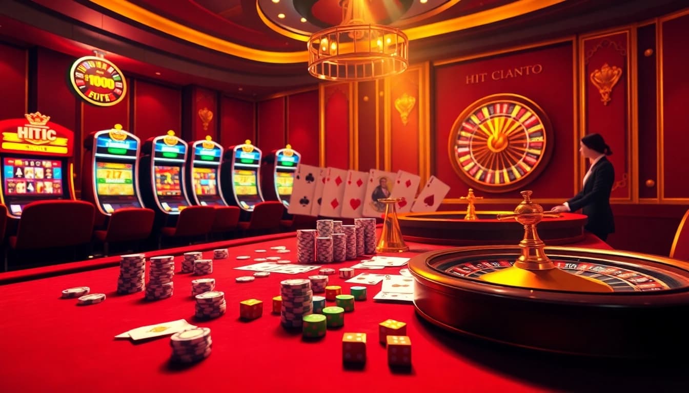Hitclub gaming table with playing cards, poker chips, and dice highlighting the excitement of online gambling.