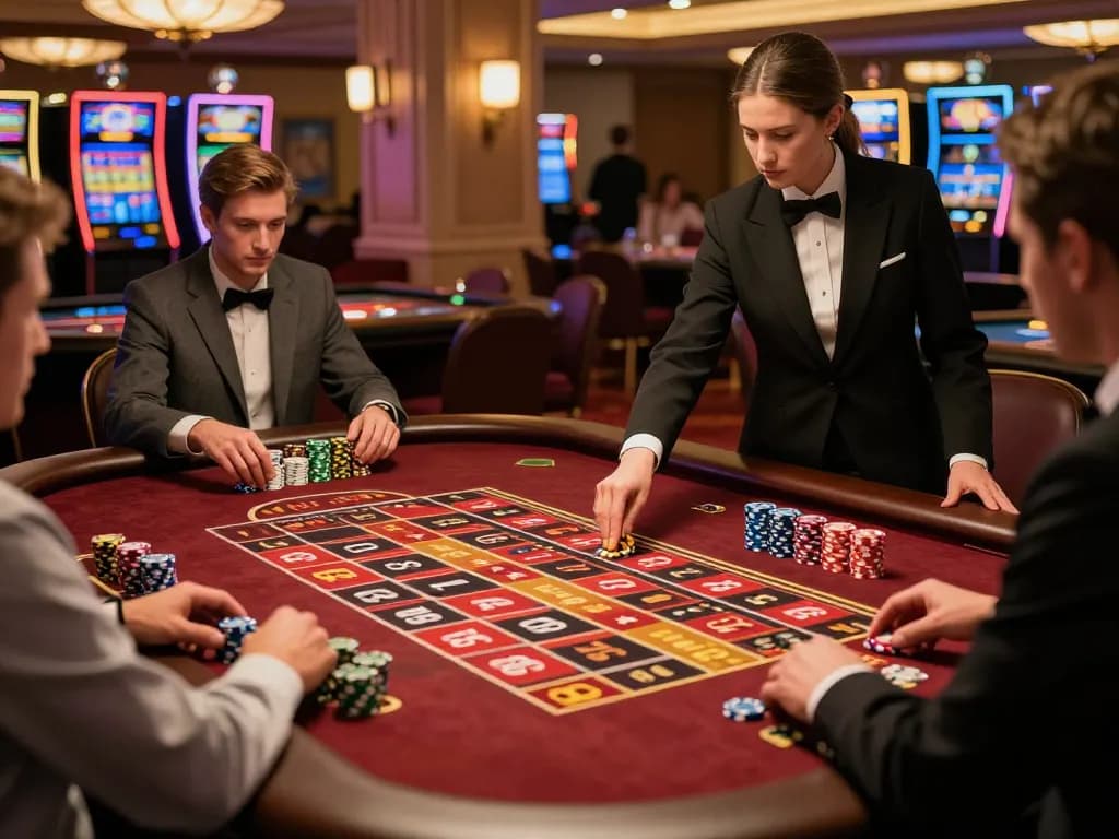 FABET players placing strategic bets at an upscale roulette table in an elegant casino