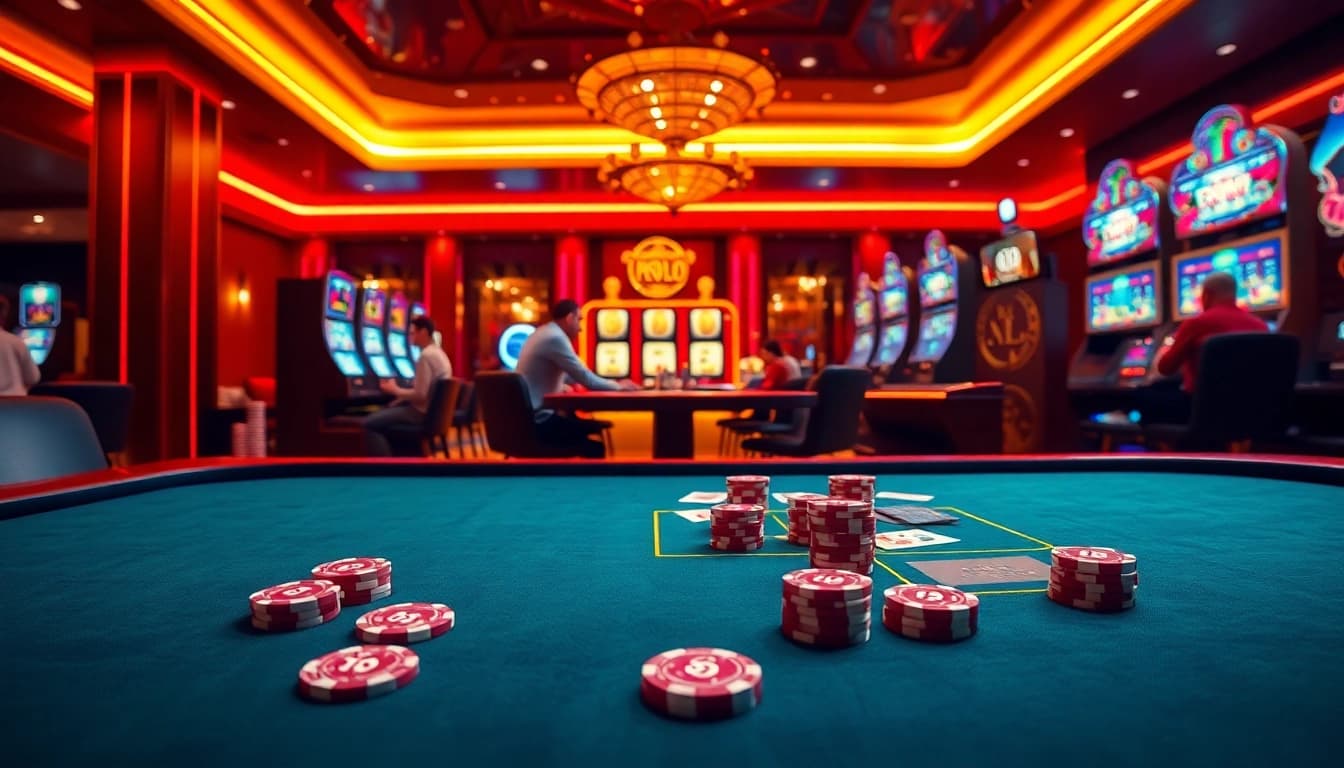 Engaging scene illustrating hướng dẫn 68win with players immersed in online gambling at a casino table.