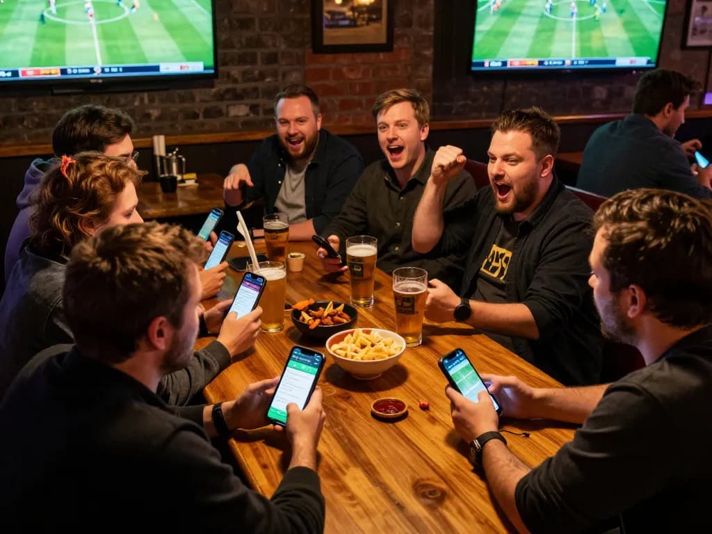 Patrons eagerly engaging with the 9bet sports app, cheering during a live match.