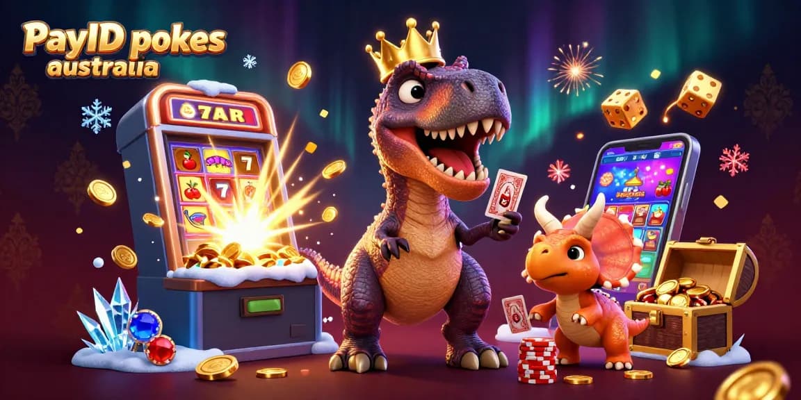 Engage with PayID pokies Australia featuring a thrilling scene with cartoon dinosaurs at a vibrant casino.