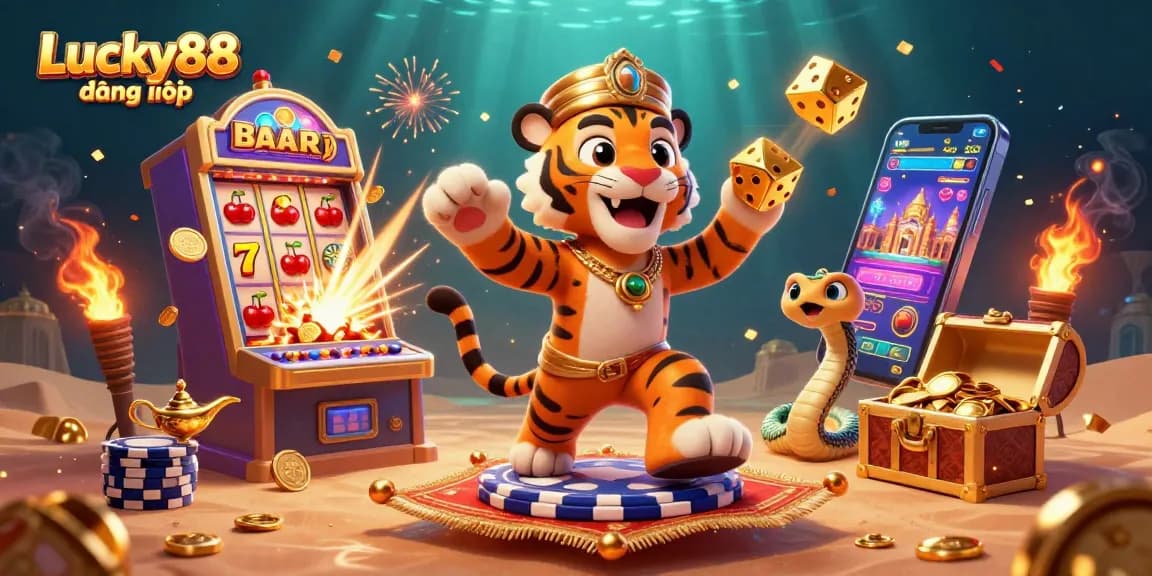 Engage with the dynamic Lucky88 đăng nhập scene featuring a sultan on a carpet of poker chips, surrounded by vibrant gaming elements.