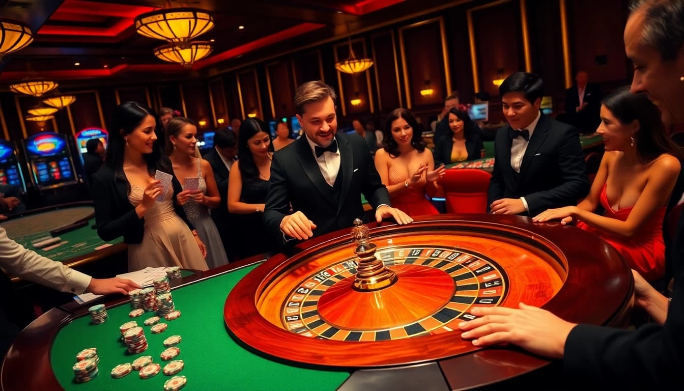 Experience the excitement of winning at https://debet66.com/ with gamblers playing roulette in a luxury casino.