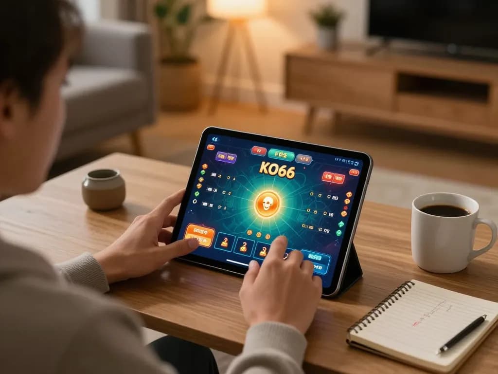 Trải nghiệm gameplay KO66 hấp dẫn trên máy tính bảng trong một không gian ấm cúng, nổi bật các chiến lược cá cược di động.