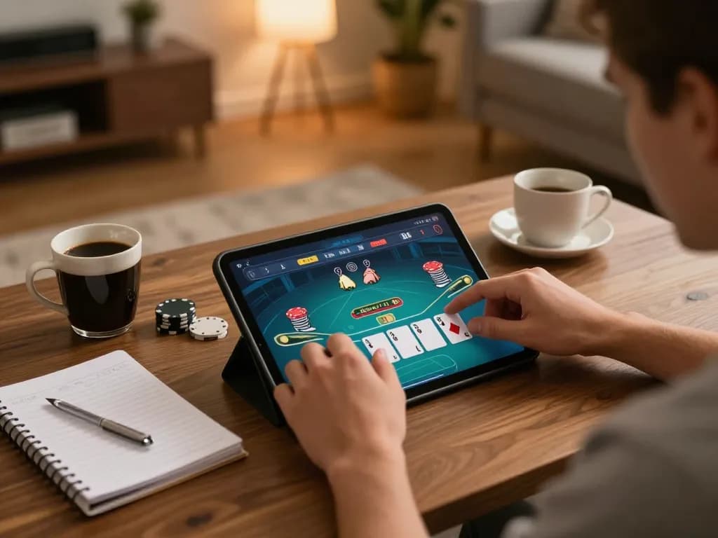F168 poker gameplay on tablet in cozy home setting, showcasing strategic betting moments