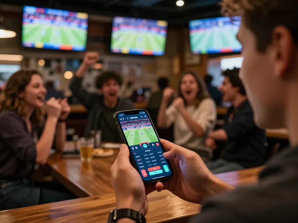 Engaging in kèo nhà cái trực tiếp while watching sports in a lively bar atmosphere during a match.