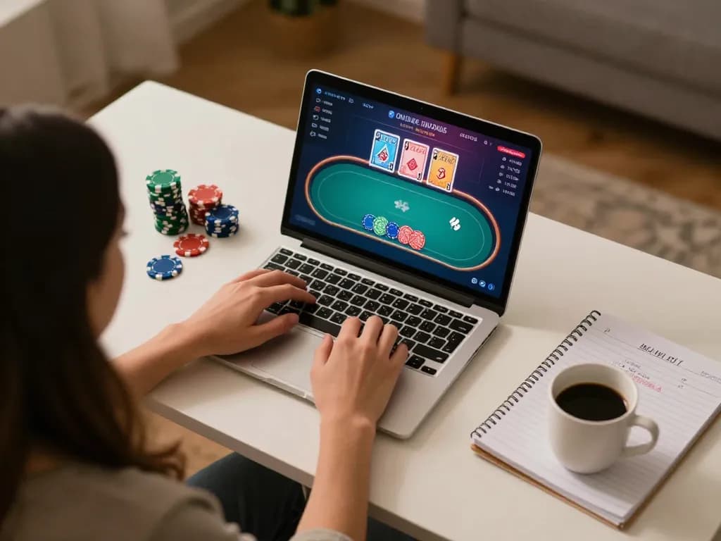 Player engaging in online poker at 99Win with laptop showing cards and betting options, cozy home setting
