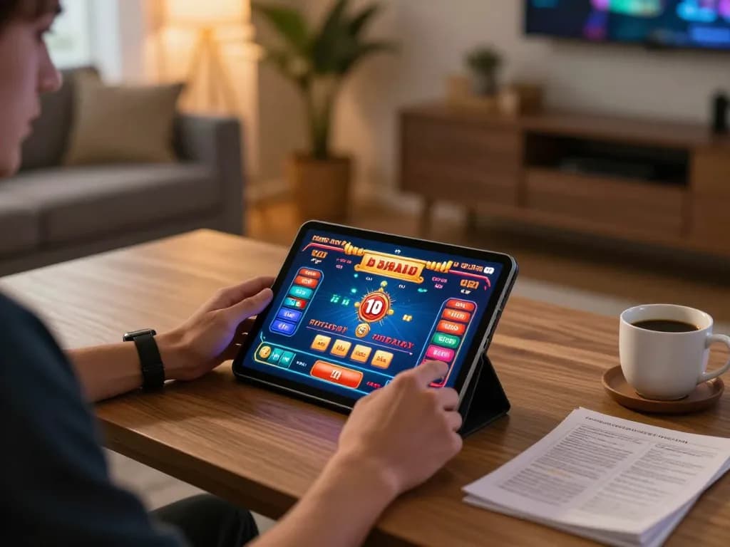Engaged player using 789bet casino app on tablet, showcasing online gaming atmosphere.