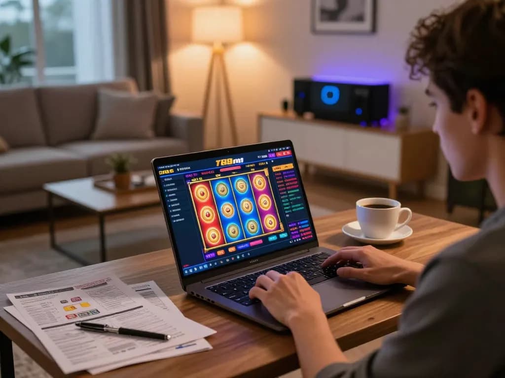 Engaged player using Nhà cái 789win online casino app on laptop, colorful gaming interface visible.