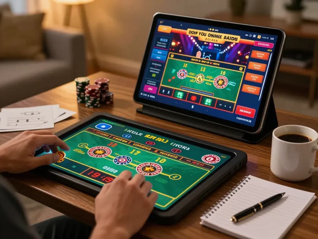 Engaging gameplay at nhà cái qq88 through an interactive online casino interface on a tablet in a cozy setting.