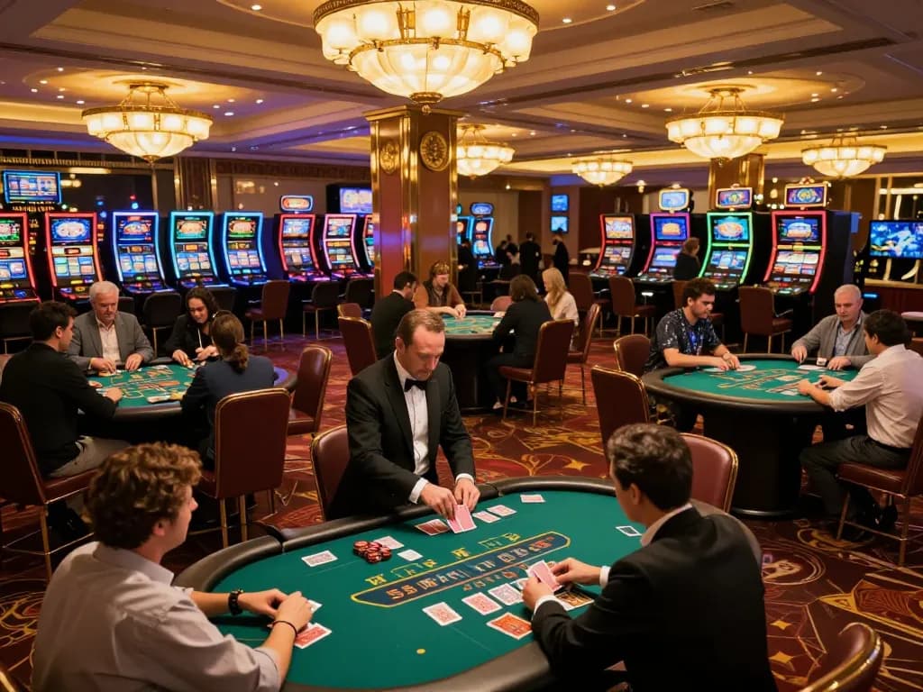 Dynamic gaming scene at trang chủ luck8 with players at poker tables and vibrant slot machines.