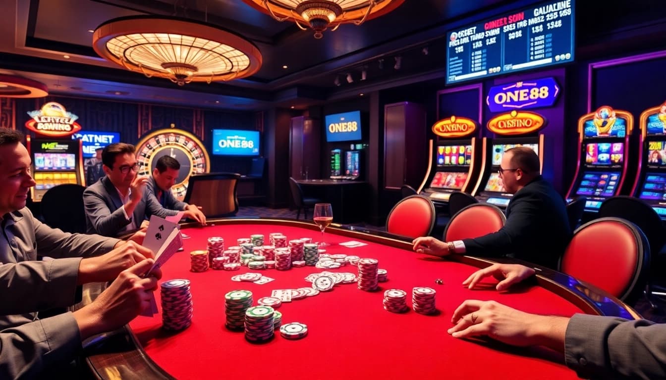 ONE88 poker players engaged in an exciting game with vibrant chips and roulette.