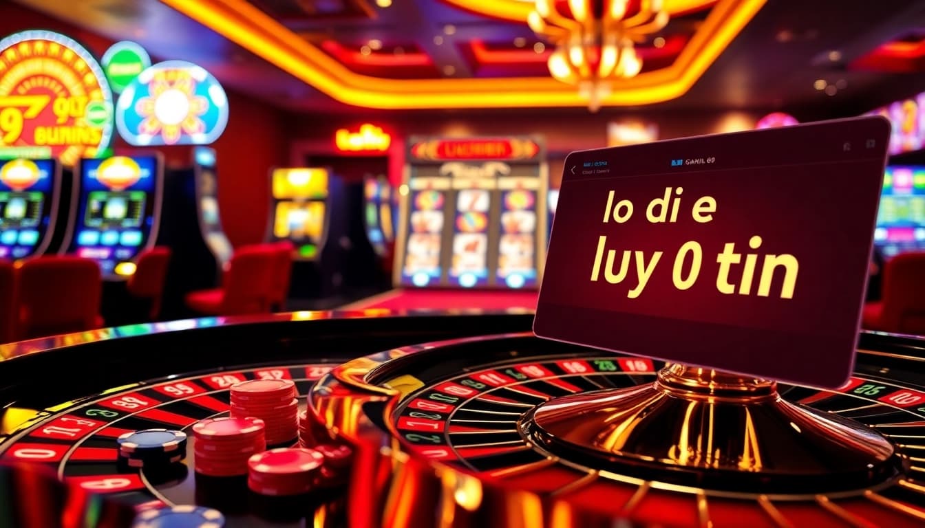 Experience the thrill of online gambling with lo de uy tin at a luxury casino scene featuring roulette and slot games.