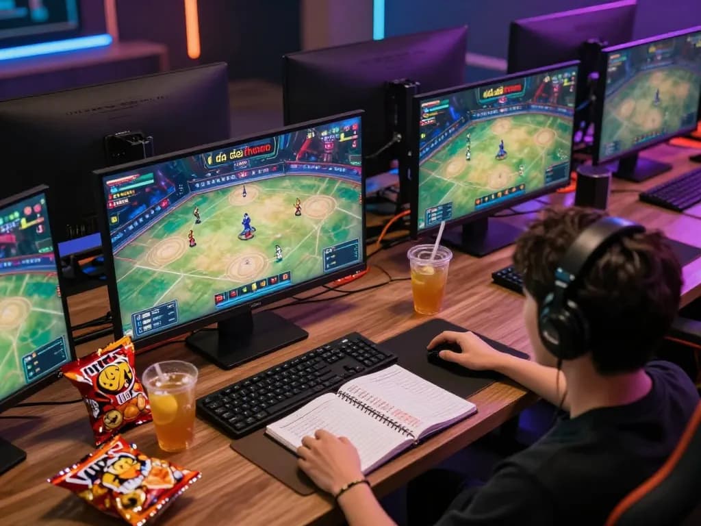Engaged viewer watching đá gà thomo live stream on multiple screens, surrounded by snacks.
