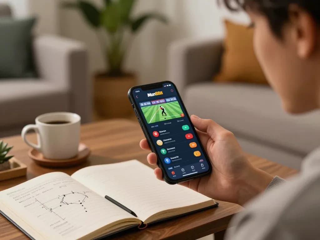 Betting on man88a app with smartphone in warm living room atmosphere
