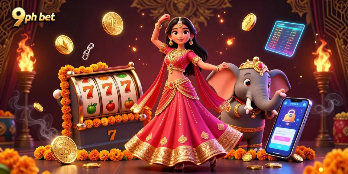 Winning with 9ph bet: A vibrant casino scene featuring a dancing woman and crypto elements.