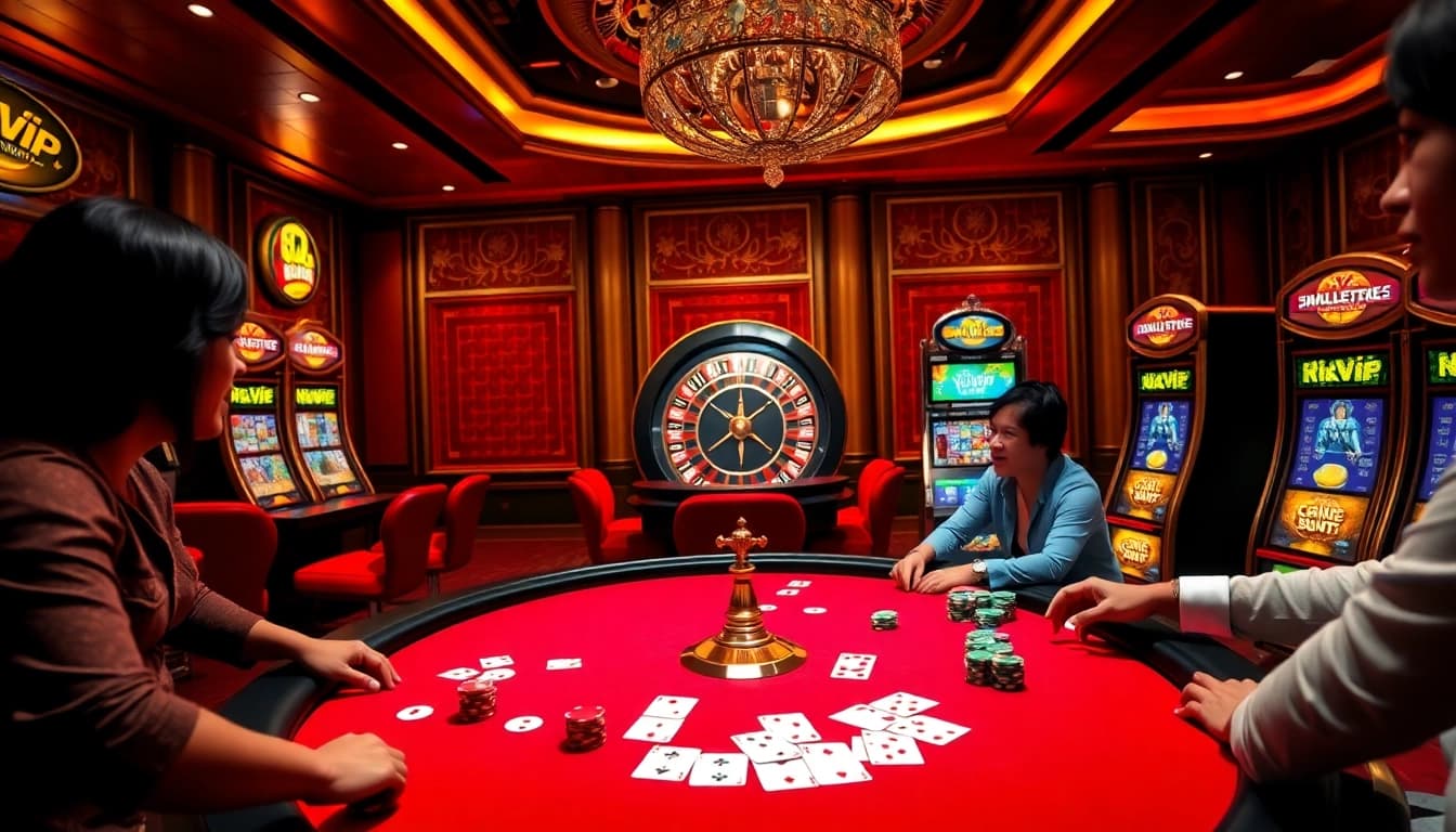 Engaged players enjoying rikvip game at a vibrant casino table with poker chips and cards.