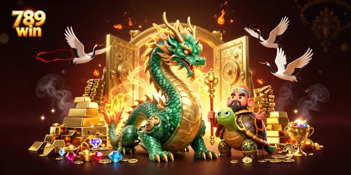 Experience the excitement of 789 win with a jade dragon and treasures scattered in this casino illustration.