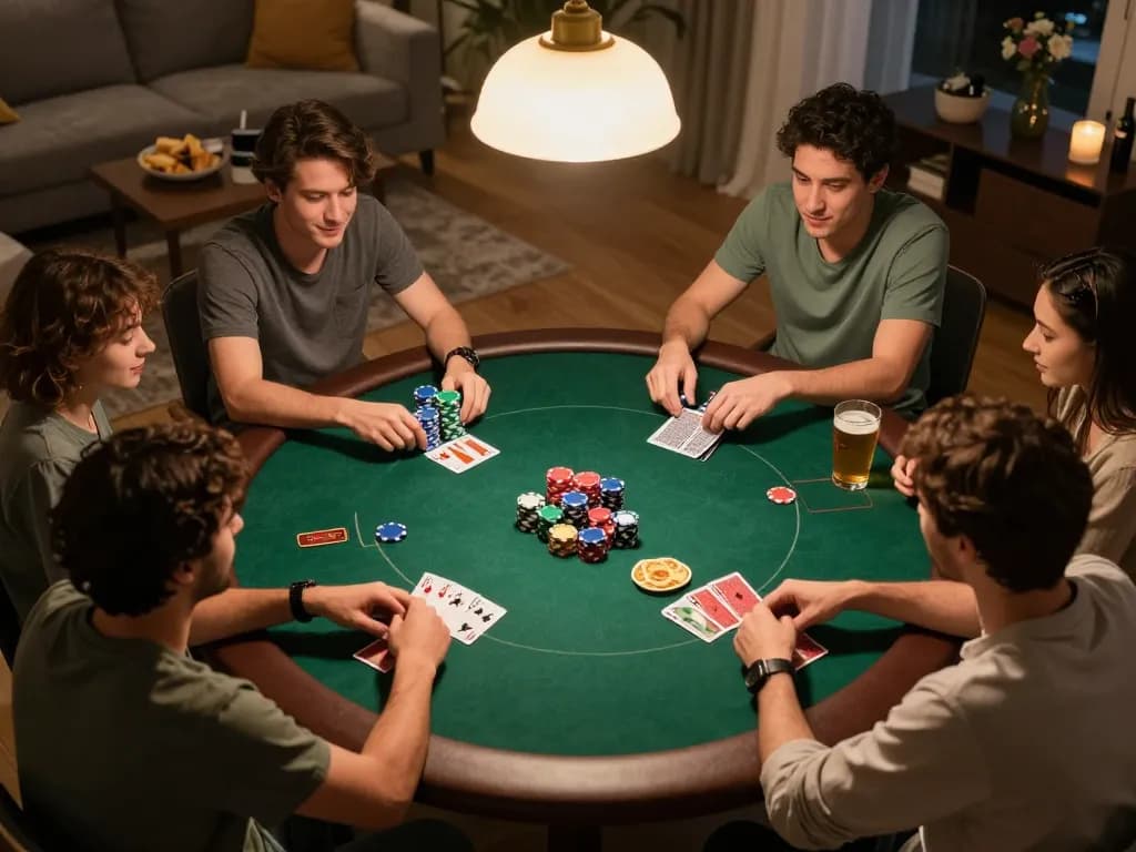 FUN88 poker night at home with friends enjoying a friendly game, vibrant chips and snacks present.