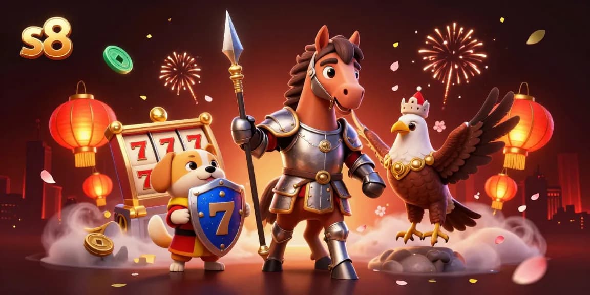 S8 casino knights celebrate with fireworks and lucky coins in a vibrant gaming scene.