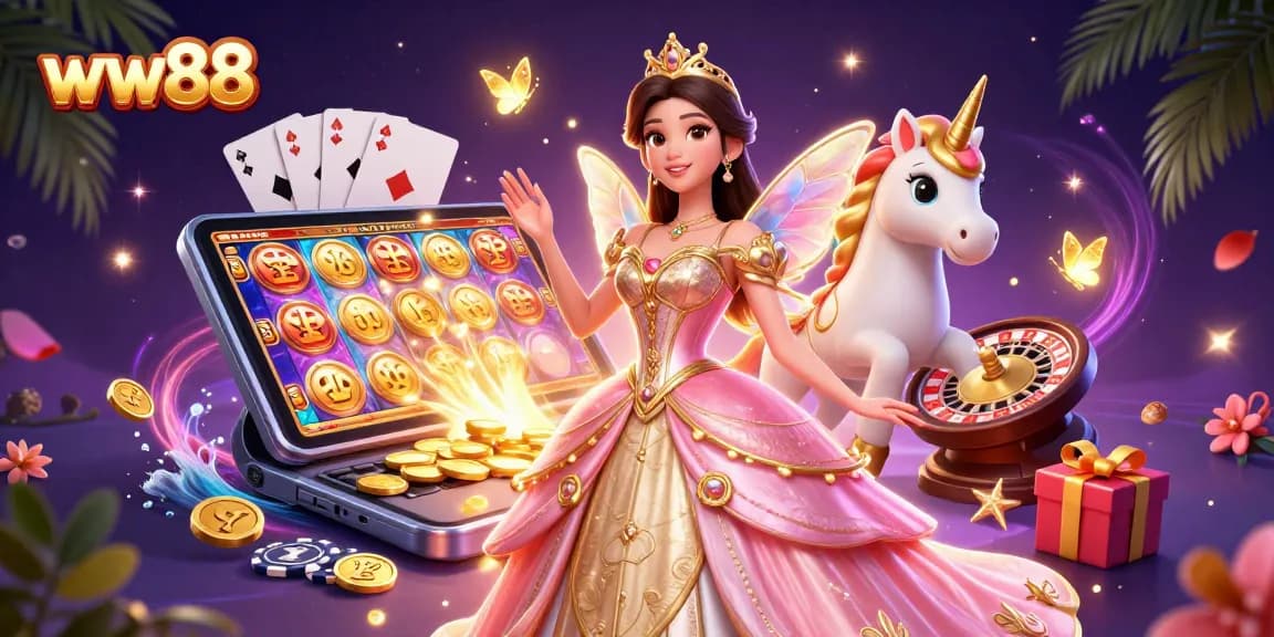 Win big with WW88 online slots in a vibrant 3D illustration featuring a princess and unicorn.