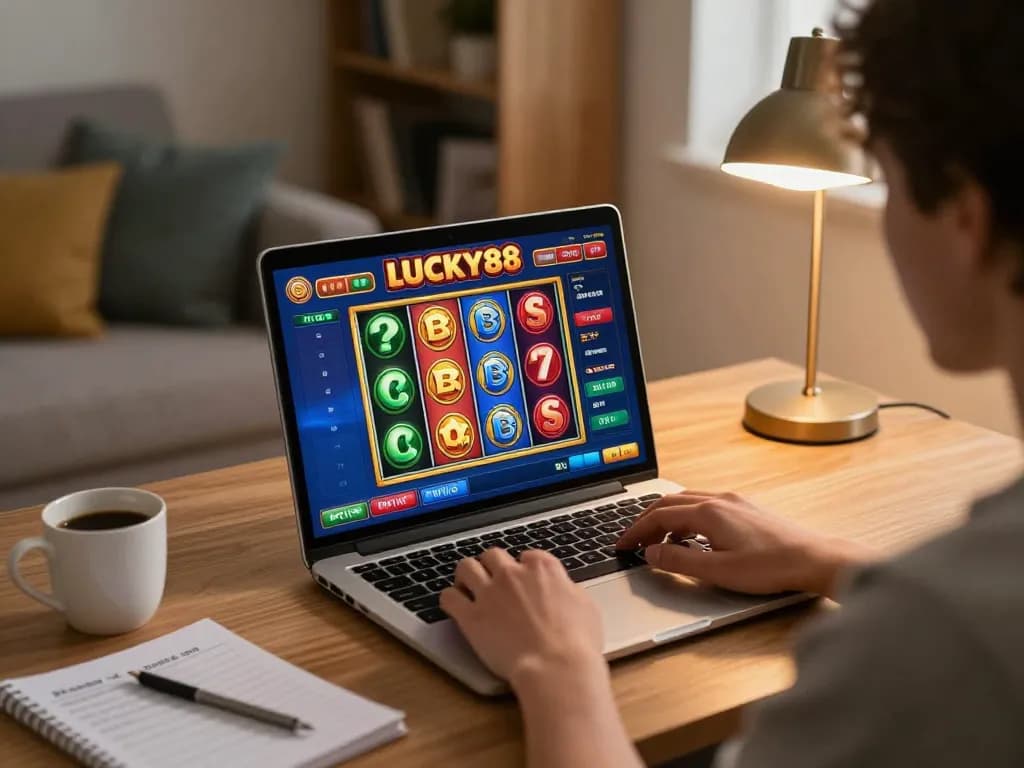Engaged player spinning LUCKY88 slot reels on laptop in a cozy home office
