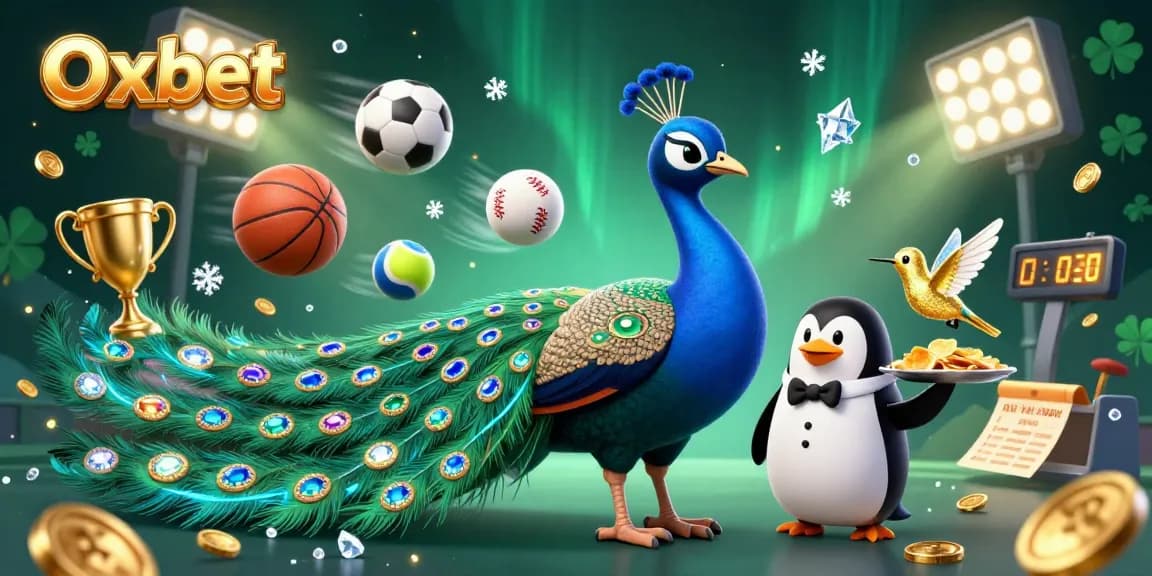 Oxbet engages players with a vibrant casino atmosphere featuring a peacock, penguin, and hummingbird.