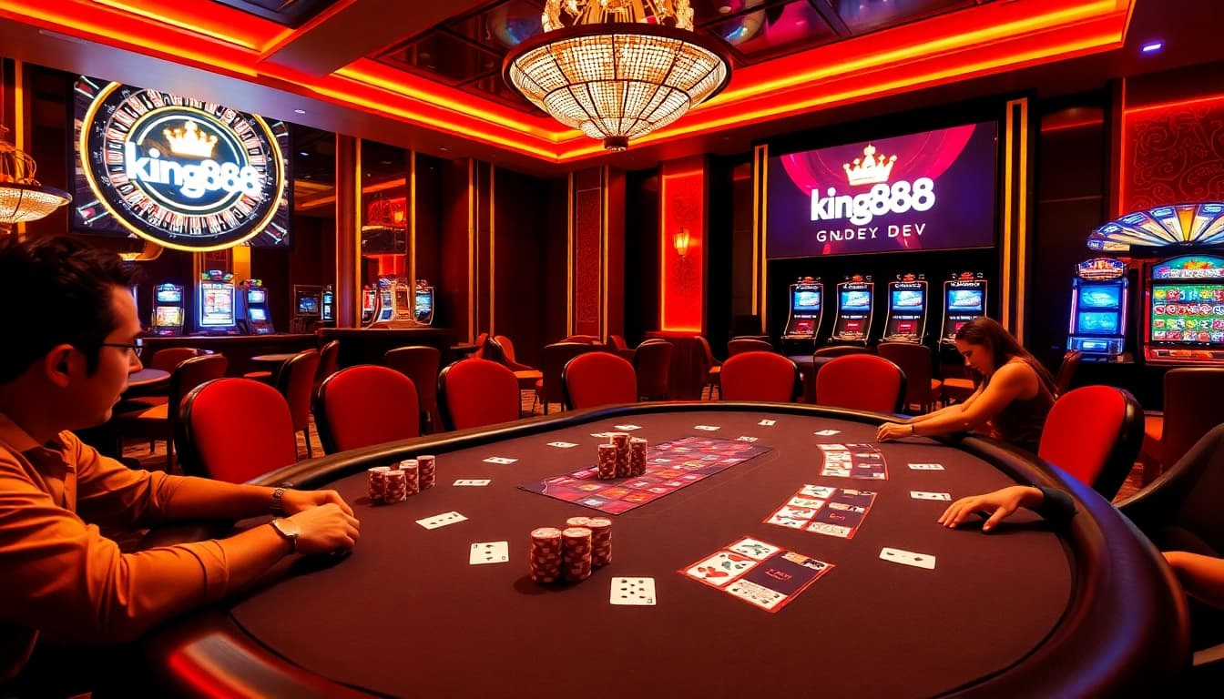 Players enjoying a high-stakes game at king888.dev casino tables, showcasing excitement and professionalism.