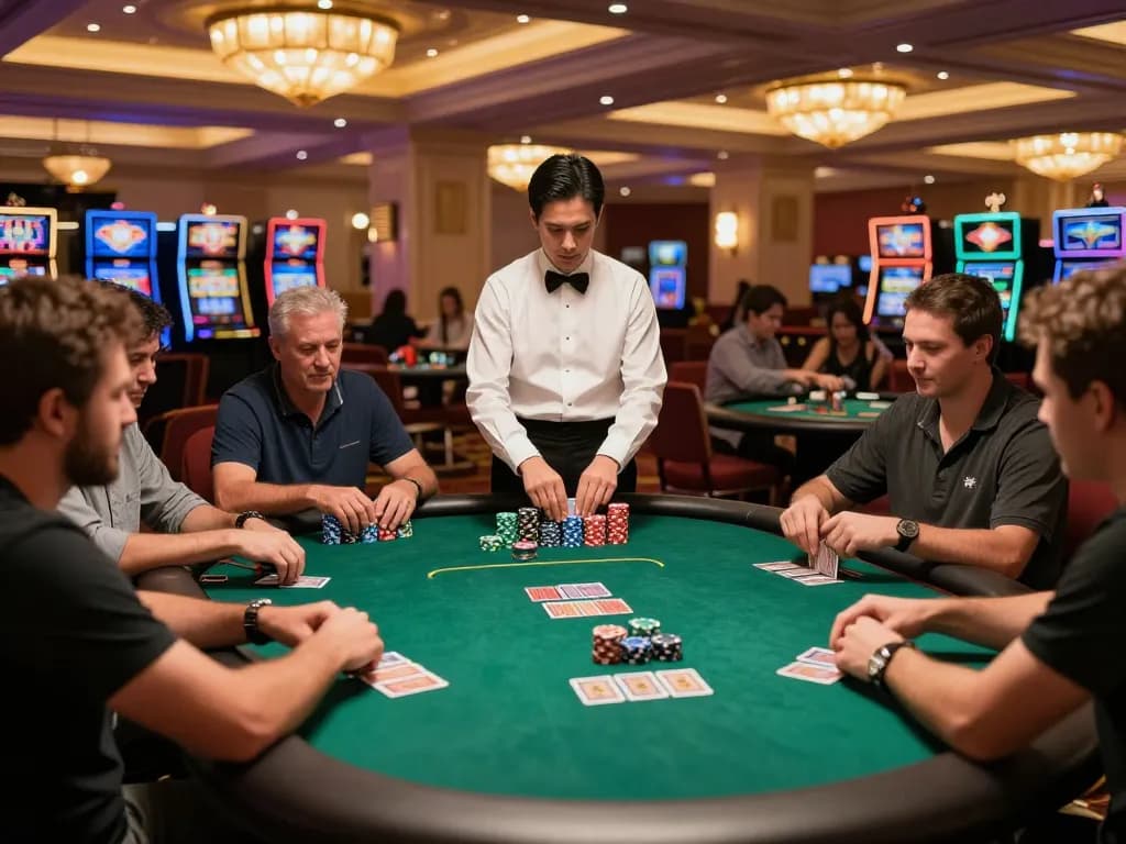 Players engaged in a thrilling F168 poker game at a luxury casino table, showcasing strategic betting and excitement.