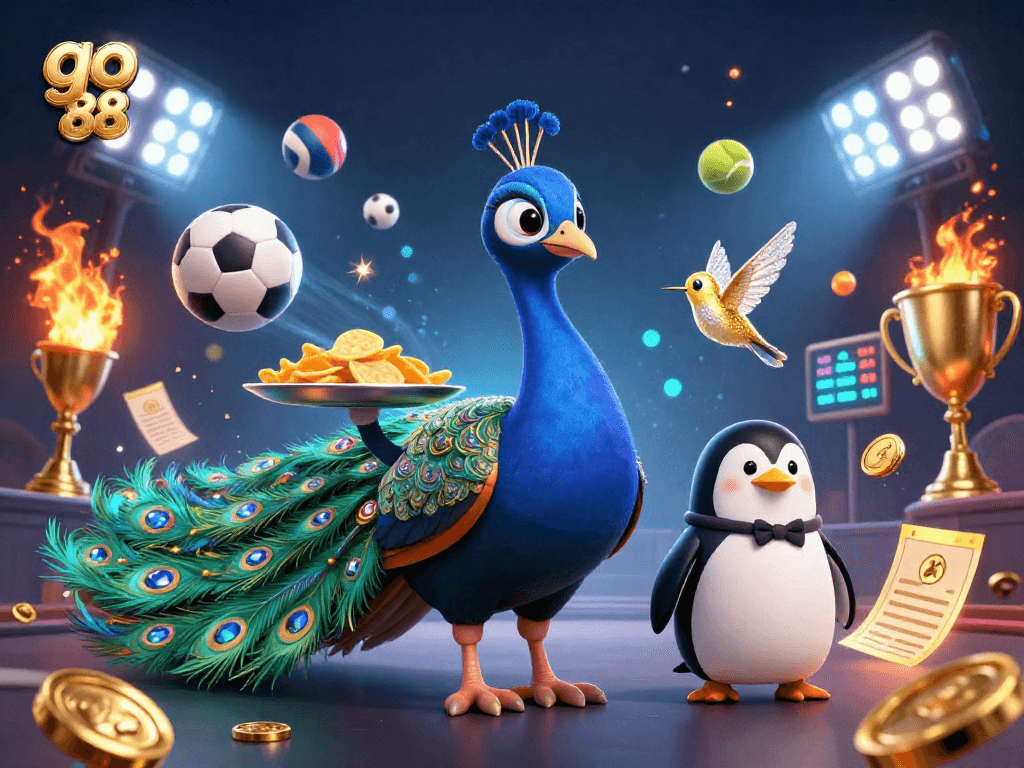 Experience go 88's vibrant gaming scene featuring cartoon characters, sports elements, and golden chips.