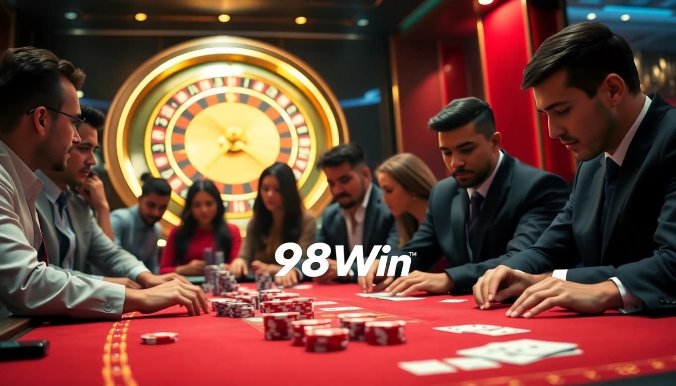 Engaging players at a luxurious 98Win casino table, showcasing excitement in gambling.