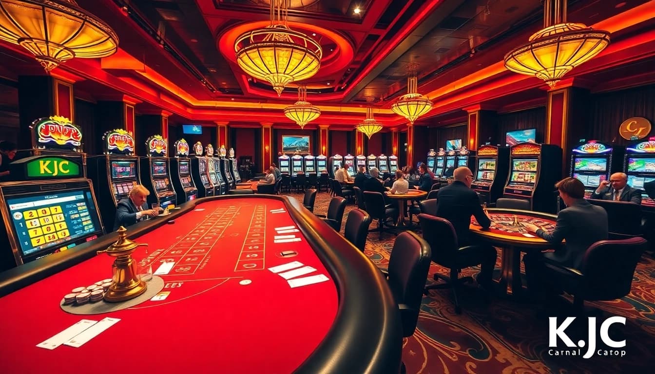 KJC players engaging in a thrilling casino experience with poker tables and vibrant slot machines.