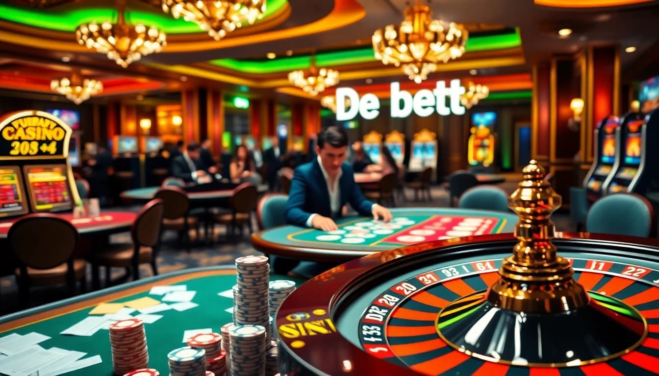Experience thrilling action at DEBET casino with vibrant poker tables and exciting games.