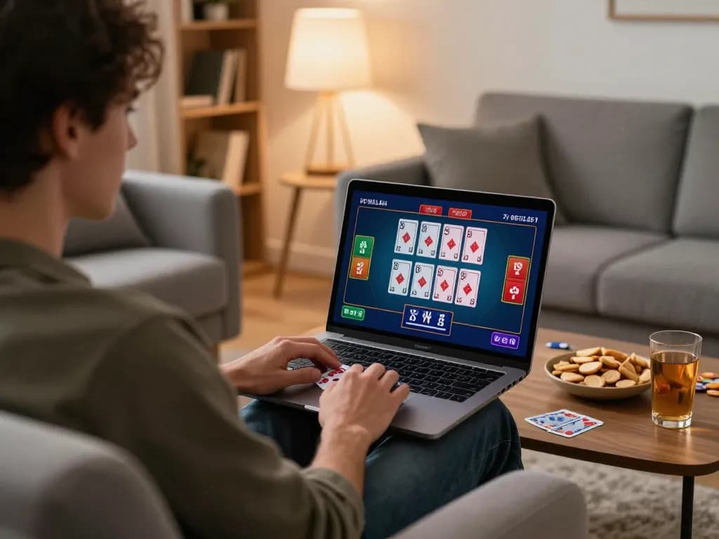 Player engaging in online blackjack at home, highlighting strategic gameplay on SC88 platform.