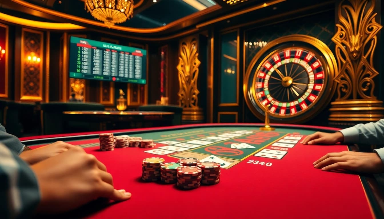 Engage in high-stakes poker at https://sky88us.com/, featuring vibrant chips and a roulette backdrop.