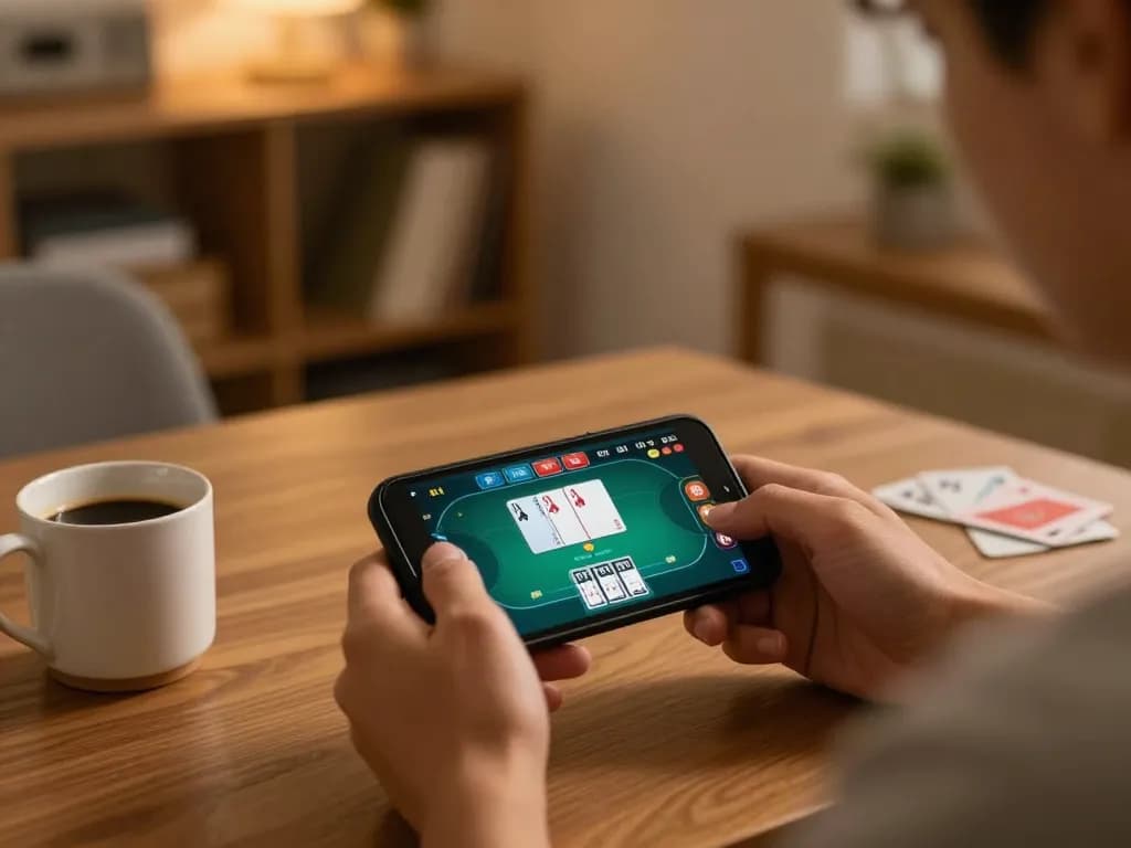 Player engaging in online SAOBET poker game using smartphone, cozy home environment enhances responsible gaming vibe
