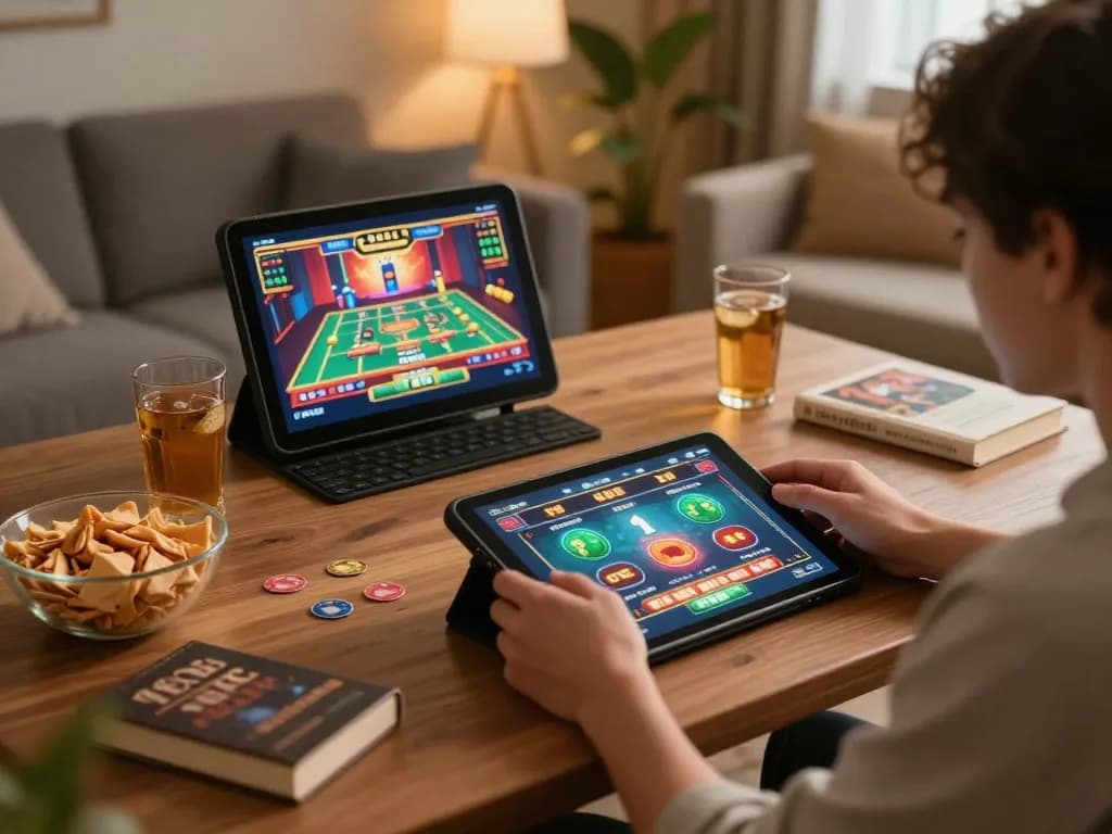 Player enjoying go88 casino games on a tablet at home, surrounded by snacks and warm lighting.