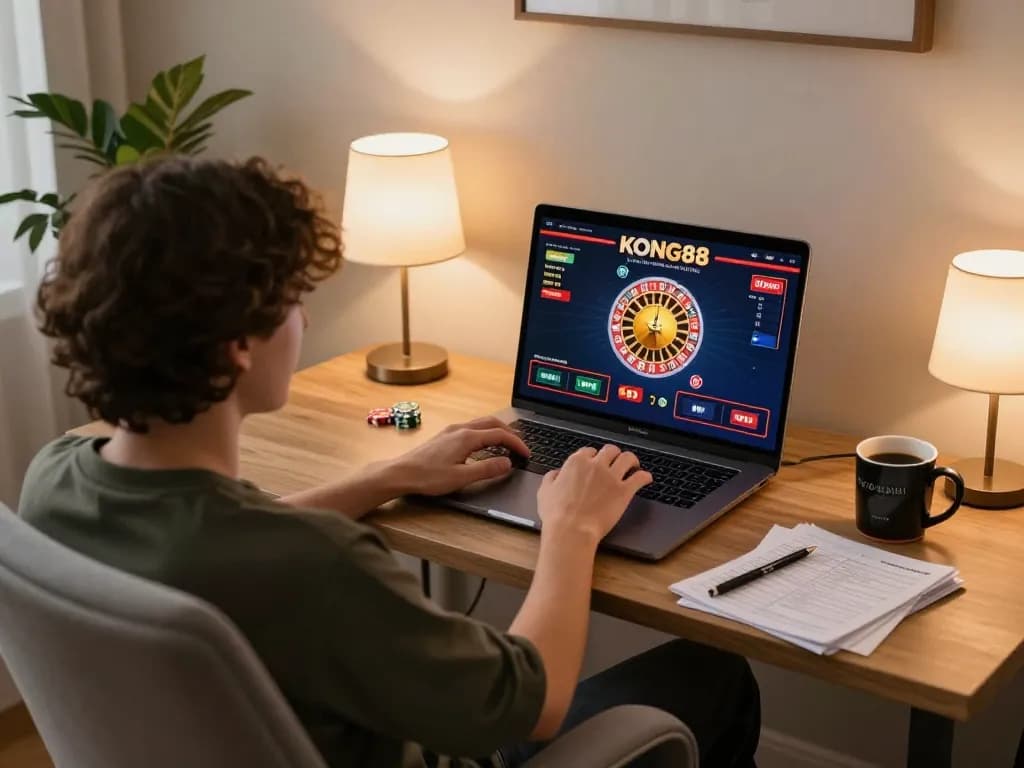 KONG88 gaming experience showing a person playing online roulette, engaging in responsible entertainment in a cozy setup.